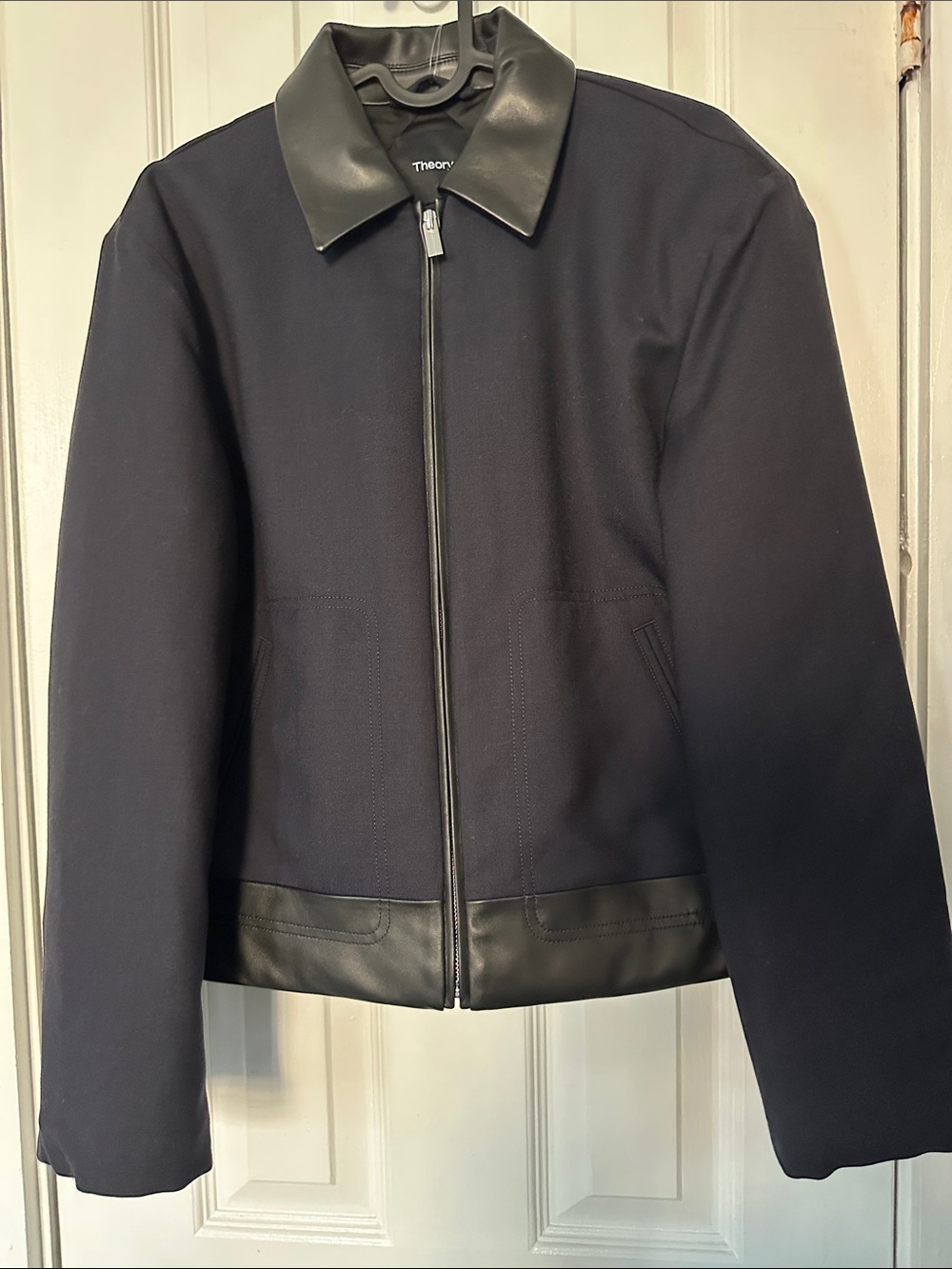 Theory Black Leather-Trim Wool Blend Zip Jacket SZ P New